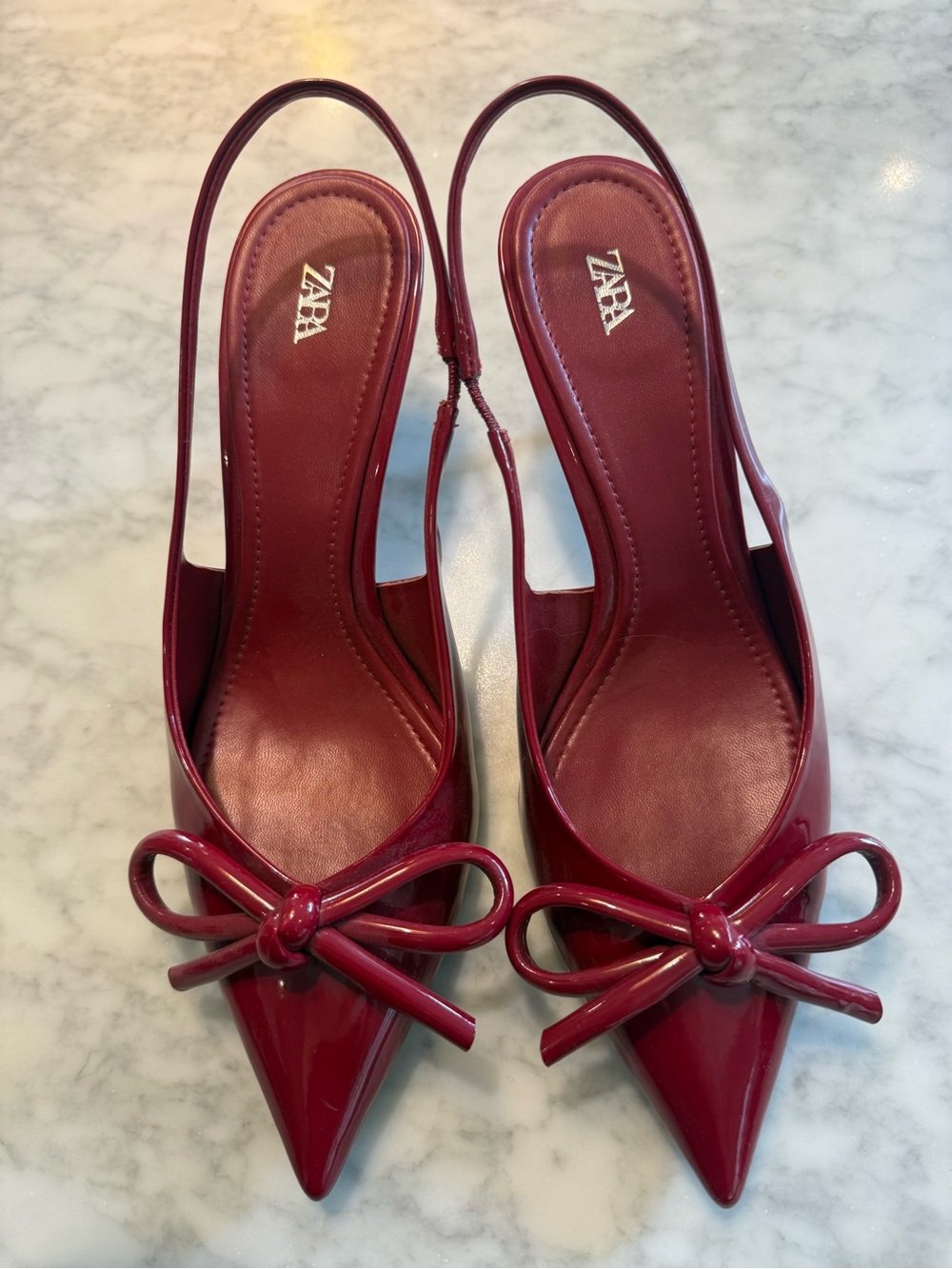 Zara Burgundy Pointed Slingback Heels with Bow